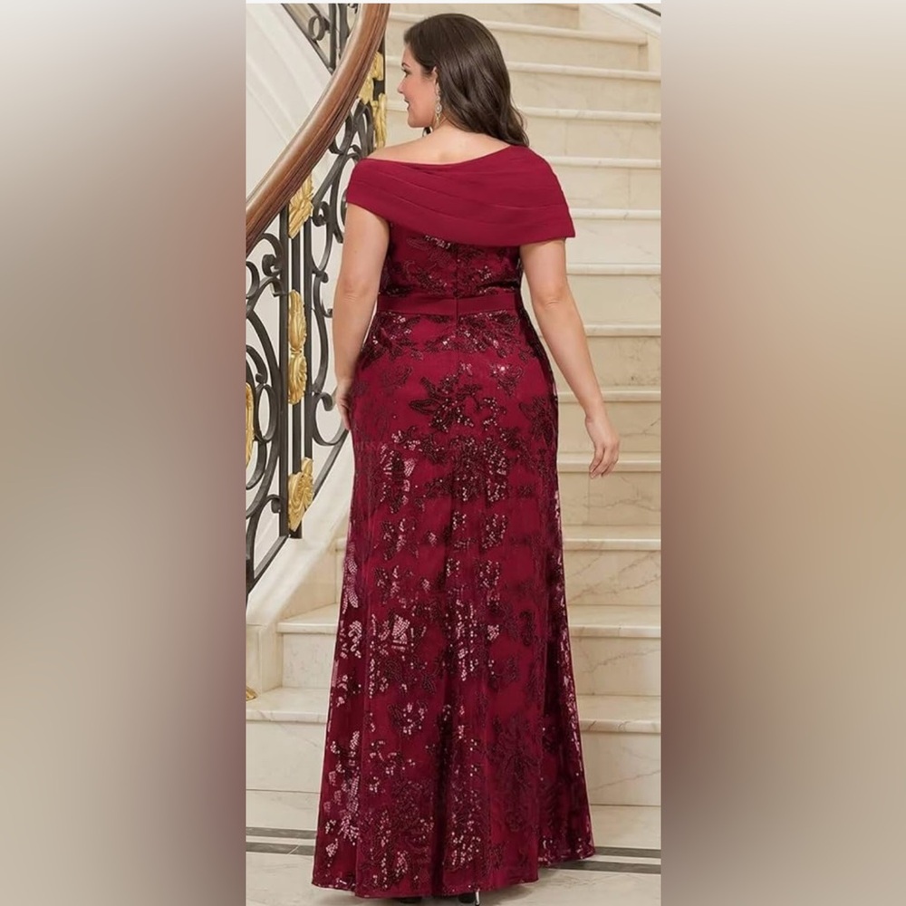 Burnt Orange Sequin Mermaid MOB and MOG Dresses for Women Chiffon Off Shoulder - Picture 3 of 5